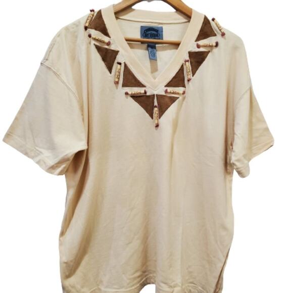 Cambridge Dry Goods Vintage Blouse Womens XL 90s Tan Beaded V-Neck Boho Retro - Picture 1 of 8